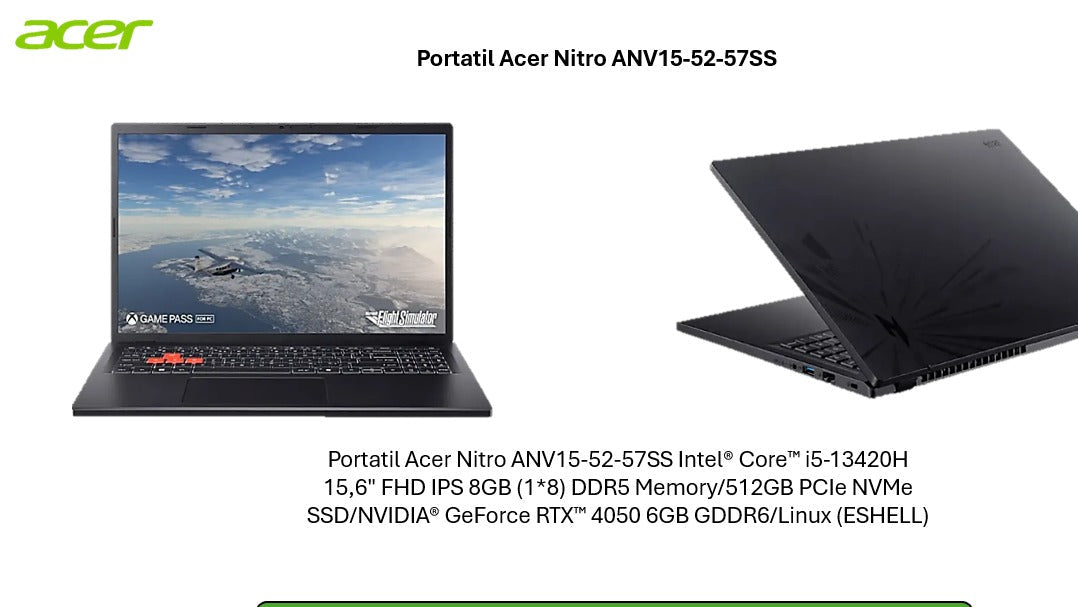 Portátil Gamer Acer Nitro V15 Intel Core i5-13420H RTX 4050 6GB 15.6" FHD