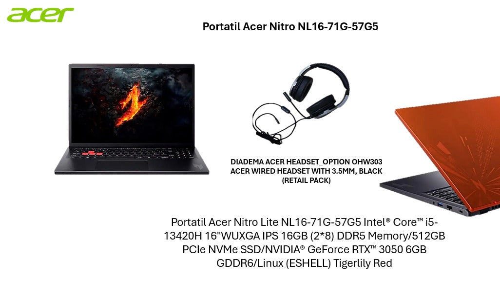 🎁 Combo Portátil Acer Nitro 16 NL16-71G-57G5 + Diadema Gaming | Pack Completo